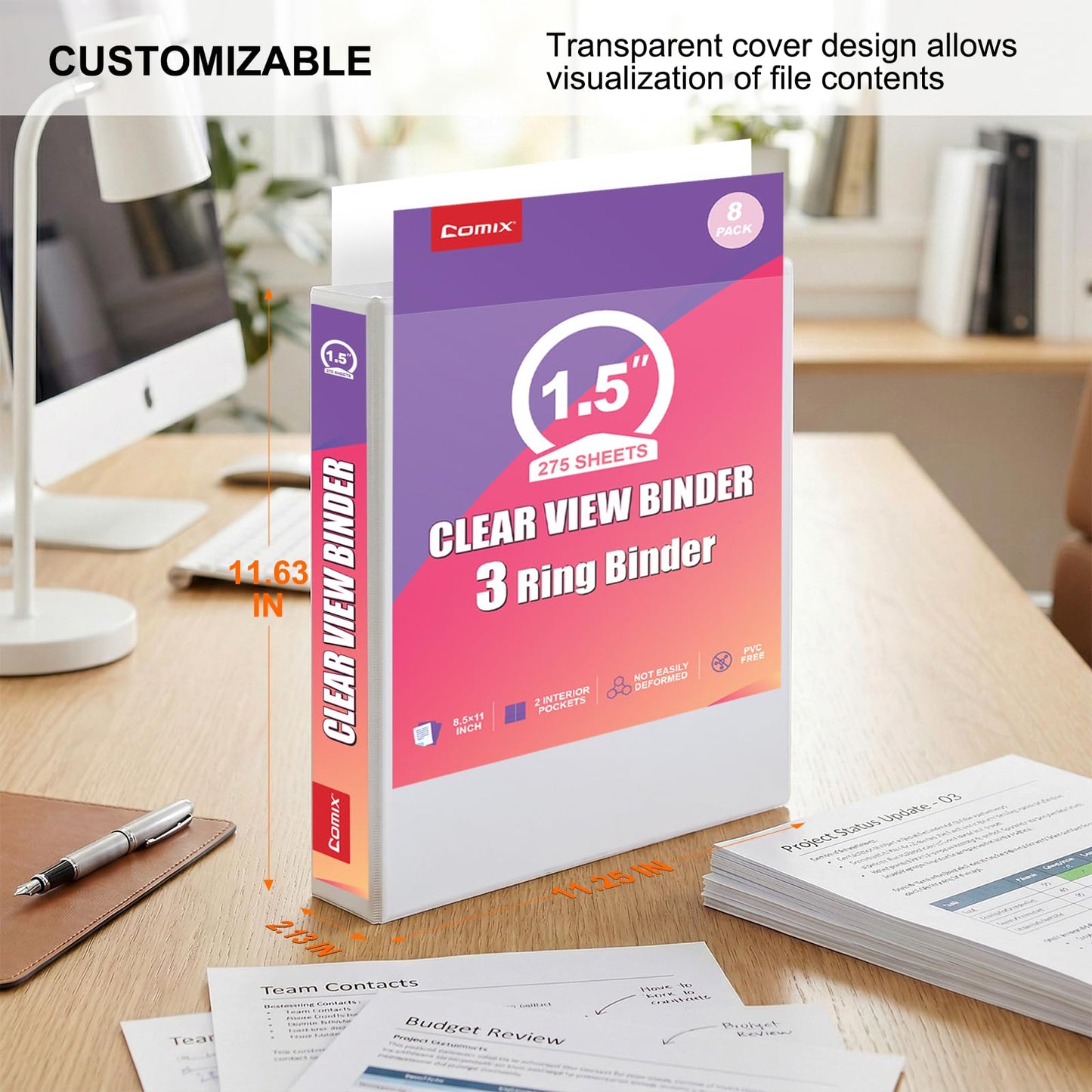 Comix Durable 1.5 Inch 3 Ring Binder, Round View Binder for Office or School, Fits 275 Sheets of 8.5x11 Paper, PVC-Free & Foldable Spine, Made in