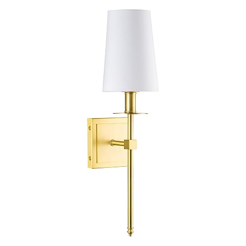 Linea di Liara Torcia Gold Wall Lighting with White Fabric Shade Modern Bathroom Bedroom Wall Lamp and Hallway Wall Light Fixtures Indoor Wall Sconce