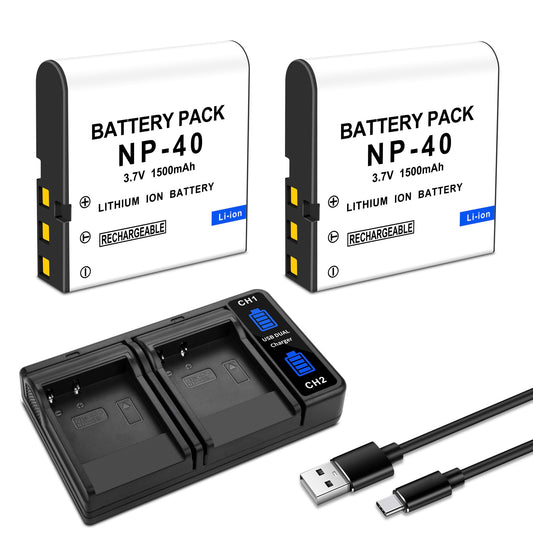 2-Pack NP-40 Battery with USB Dual-Channel Charger Compatible for Casio NP-40 Kodak LB-060,GE GB-60 Exilim EX-Z400, Exilim EX-FC100, Exilim