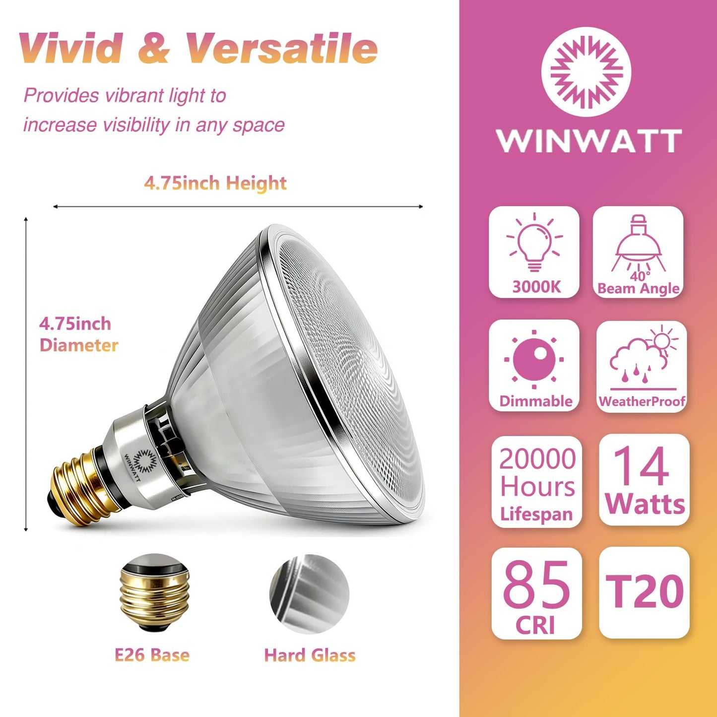 WinWatt LED Light Bulbs PAR38 Full Glass Commercial Grade, 14W=120W Equivalent 1450 Lumens 20000 Hours Classic Flood Light Bulbs,Waterproof Dimmable