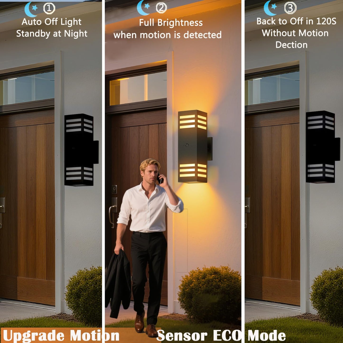Motion Sensor Outdoor Wall Lights, Dusk to Dawn Exterior Light Fixture with 3 Modes, Waterproof Modern Dimmable Porch Light with Up Down Lighting