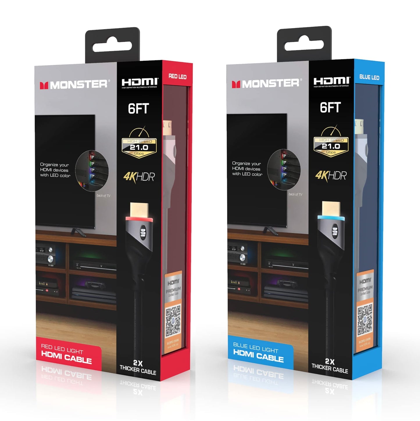 Monster 6ft High Speed 4K HDR Hdmi Cables with Built-in Led Light, Blue and Red Lighted Cables