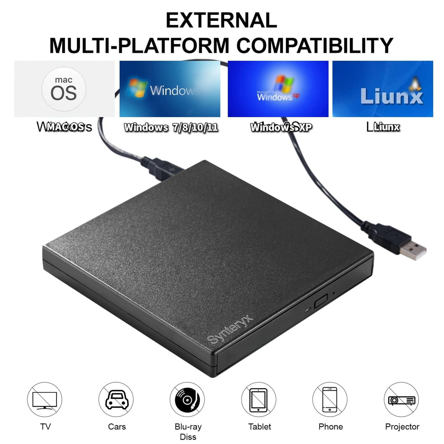 Synteryx External CD DVD Drive USB and Type-C, Portable Slim CD/DVD +/-RW Burner Reader Writer Player for Laptop Desktop PC Mac Windows Linux OS Apple
