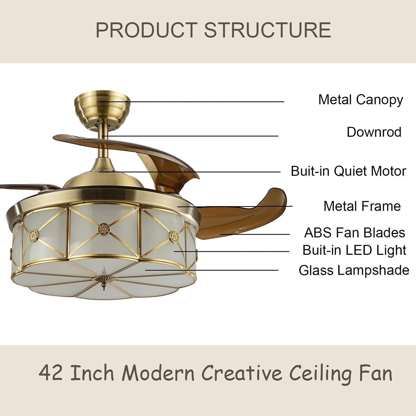 WUPYI Retro Creative Ceiling Fan Light and Remote,36 Inch Invisible Chandelier Fan Brown Retractable Blades 3 Color Changing Chandelier 3 Speeds,Quiet