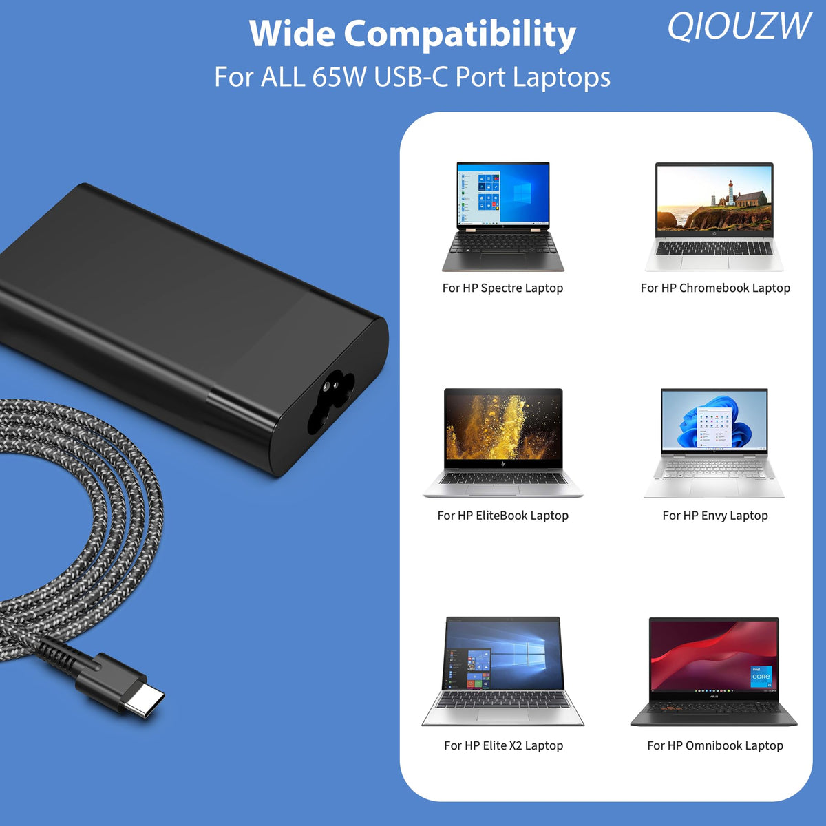 QIOUZW 65W USB C Laptop Charger Compatible with HP Laptop Charger Spectre X360 Elitebook Envy Omnibook Elite Dragonfly Chromebook ProBook Zbook Type C