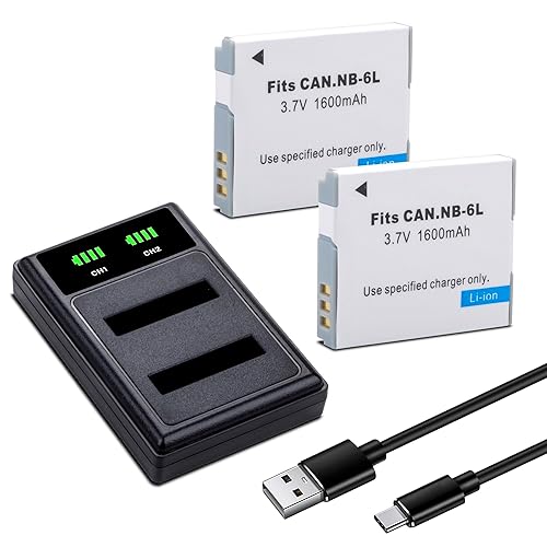 1600mAh 2-Pack NB-6L NB-6LH Battery with Dual Charger for Canon Powershot SX500 is, SX510 HS, SX520 HS, SX530 HS, SX540 HS, SX170 is, SX700 HS, SX710
