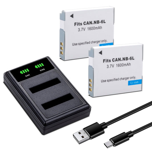 1600mAh 2-Pack NB-6L NB-6LH Battery with Dual Charger for Canon Powershot SX500 is, SX510 HS, SX520 HS, SX530 HS, SX540 HS, SX170 is, SX700 HS, SX710
