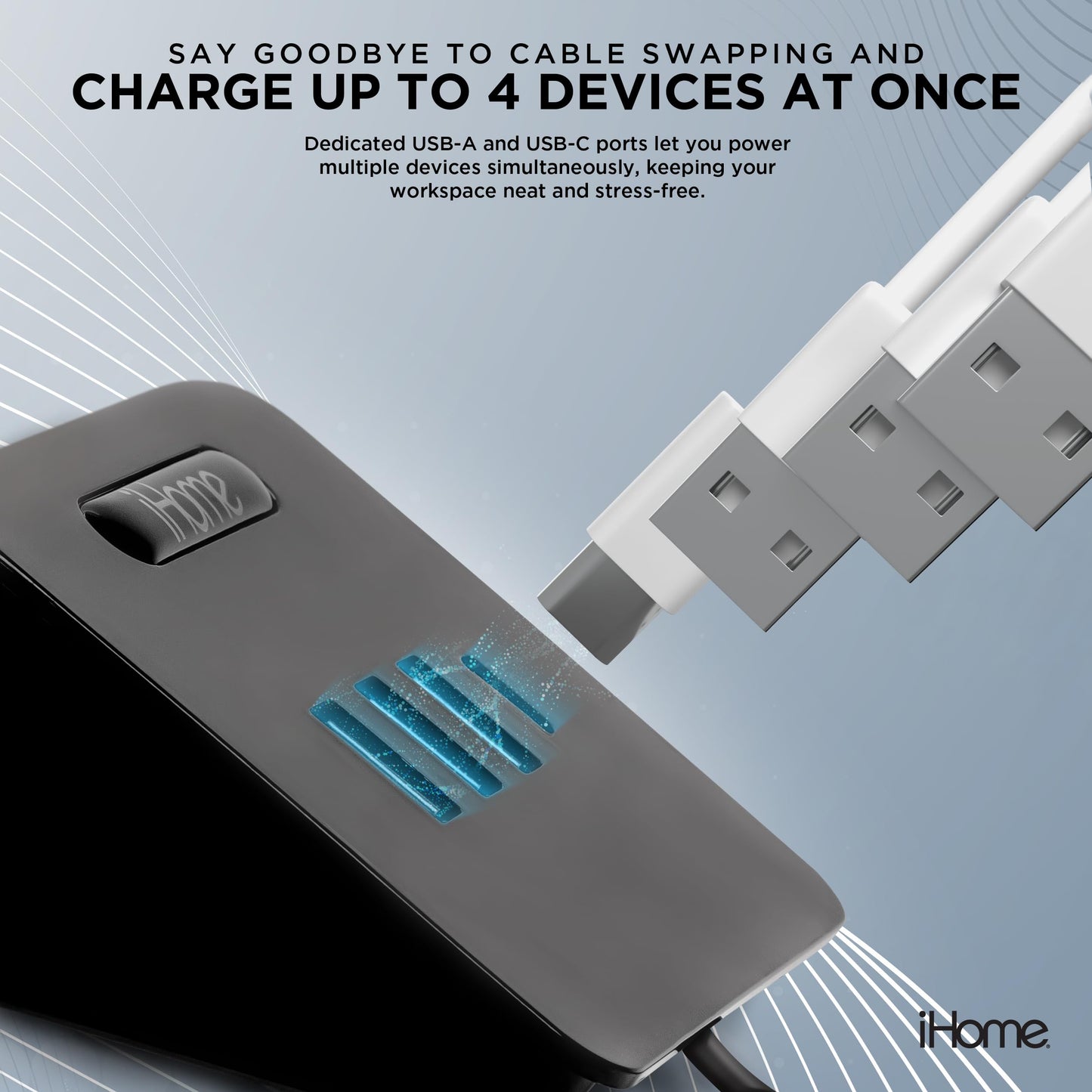 iHome 4 Port USB Charging Hub, 3 USB-A, 1 USB-C, Smartphone Dock, 6ft Power Cord, Lightweight & Portable