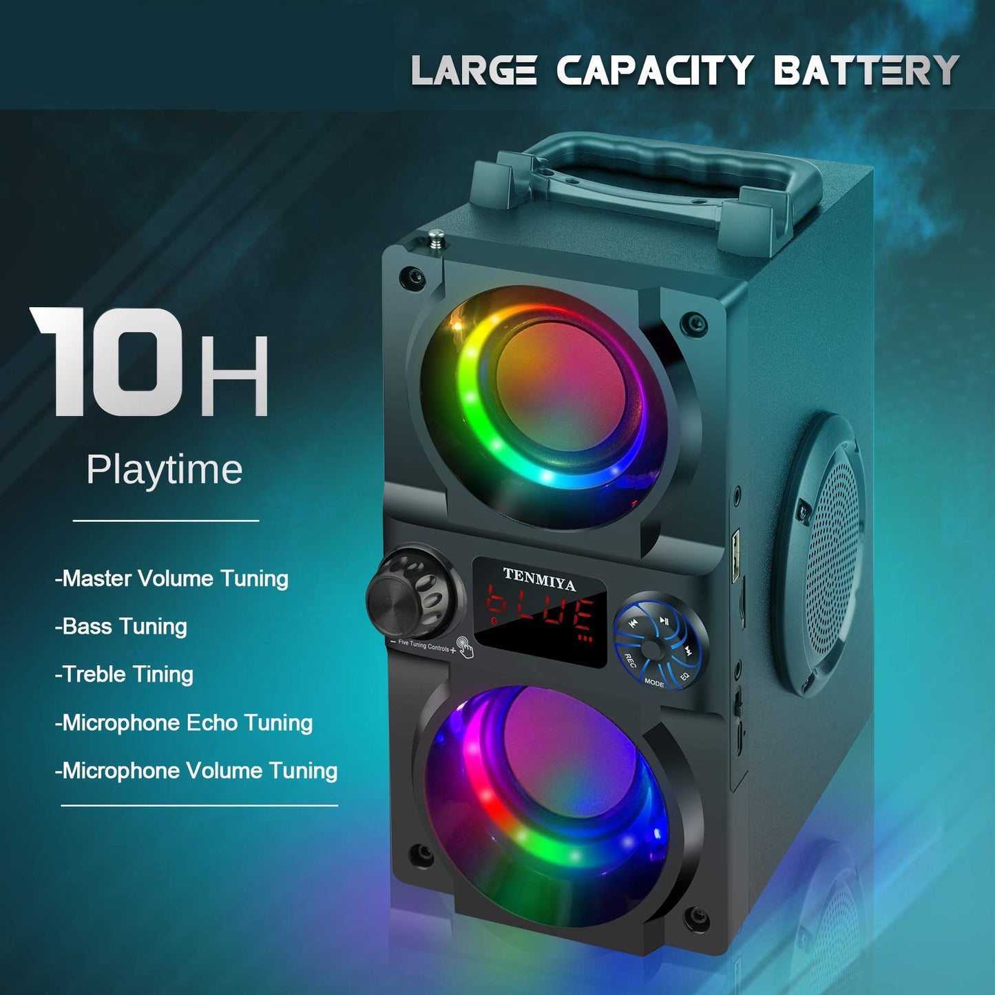 Bluetooth Speaker, 40W (60W Peak) Portable Wireless Speaker with Colorful Lights, Double Subwoofer Heavy Bass, FM Radio, MP3 Player, Bluetooth 5.0