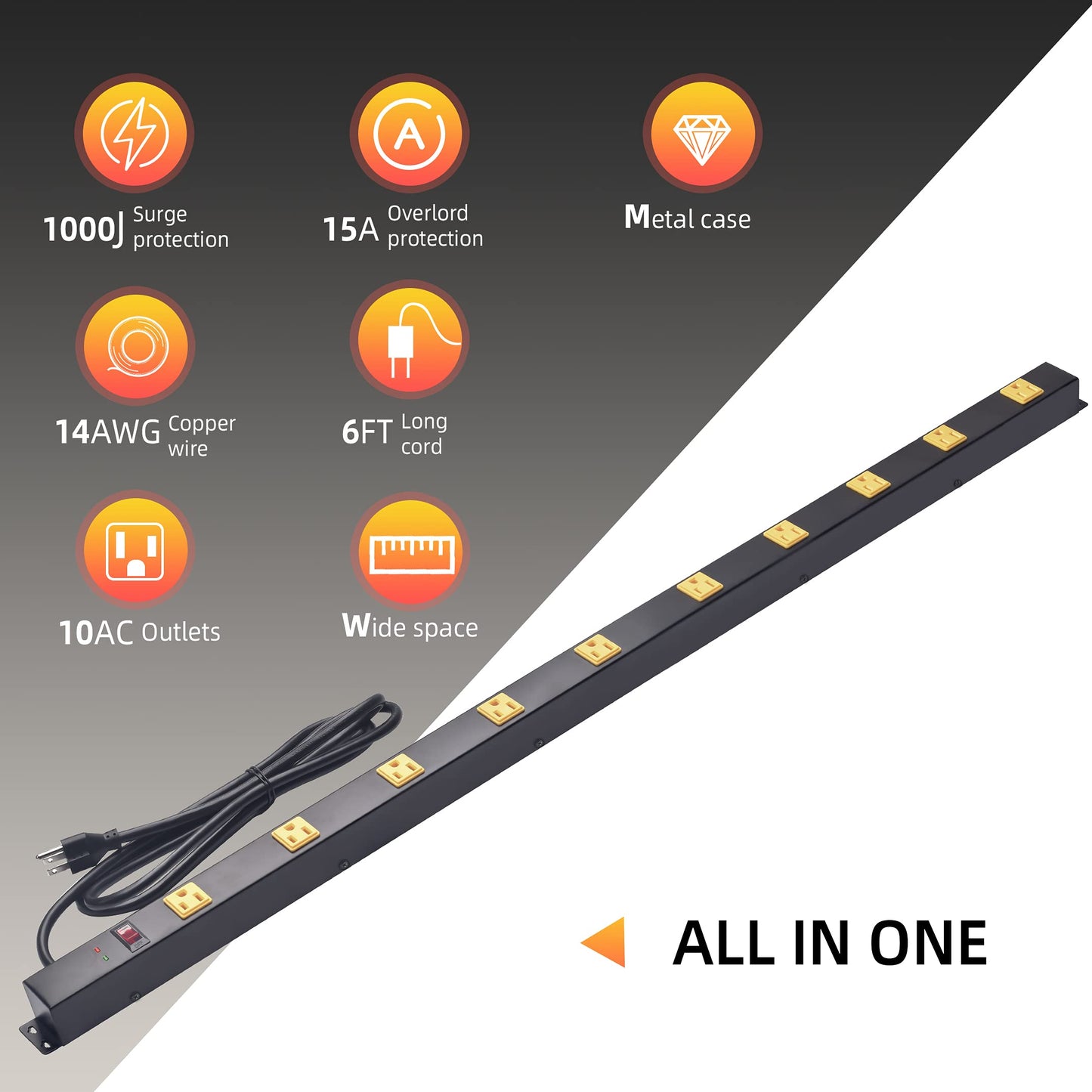 10-Outlet Heavy Duty Power Strip Surge Protector Metal Long Extension Cord 6-Foot, SGS Certified,Black(1000J)…