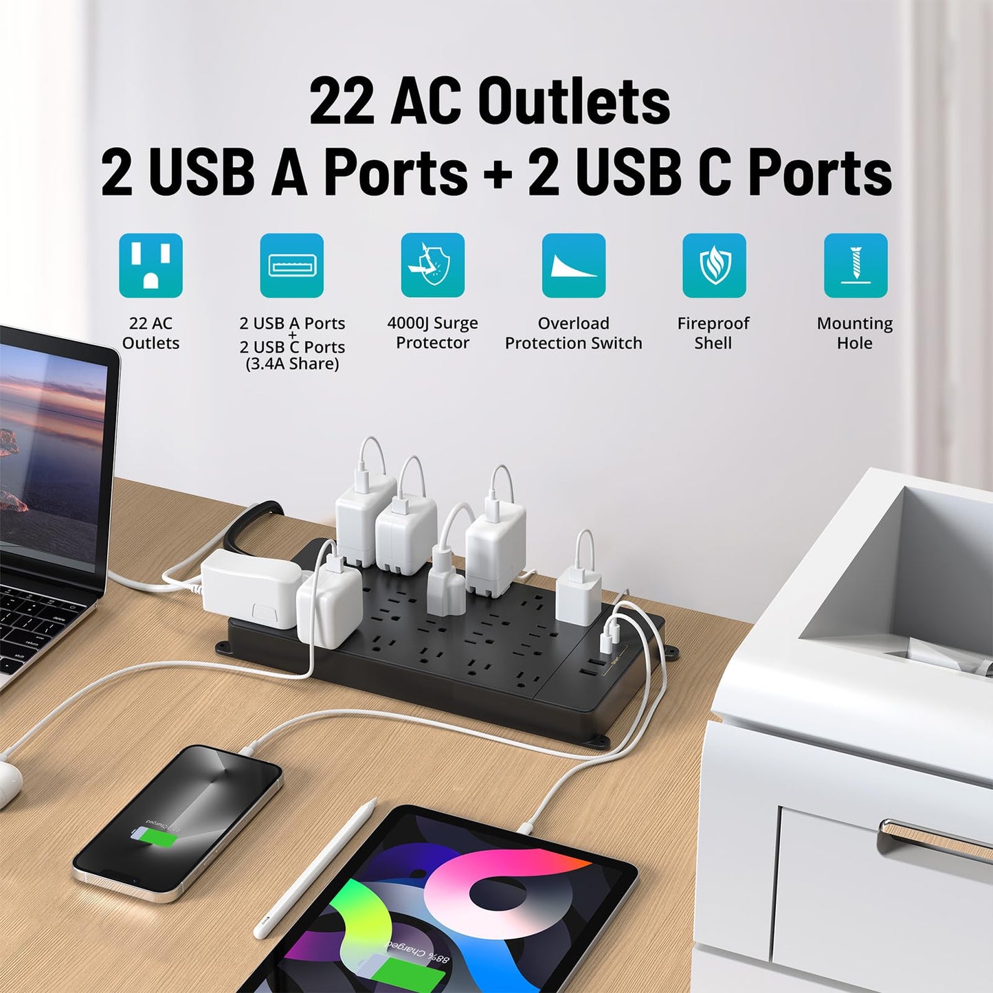 TROND Surge Protector Power Strip, 5ft Flat Plug Extension Cord with Multiple Outlets, 22 Widely Spaced AC with USB Ports, 4000 Joules, Heavy Duty