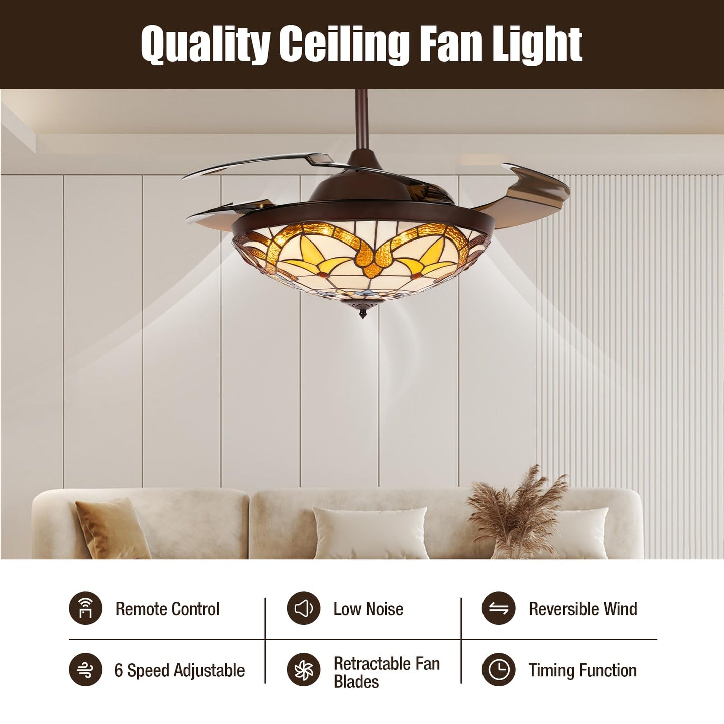 42" Retractable Ceiling Fan with Light, Invisible Blades Fandelier w/ Remot