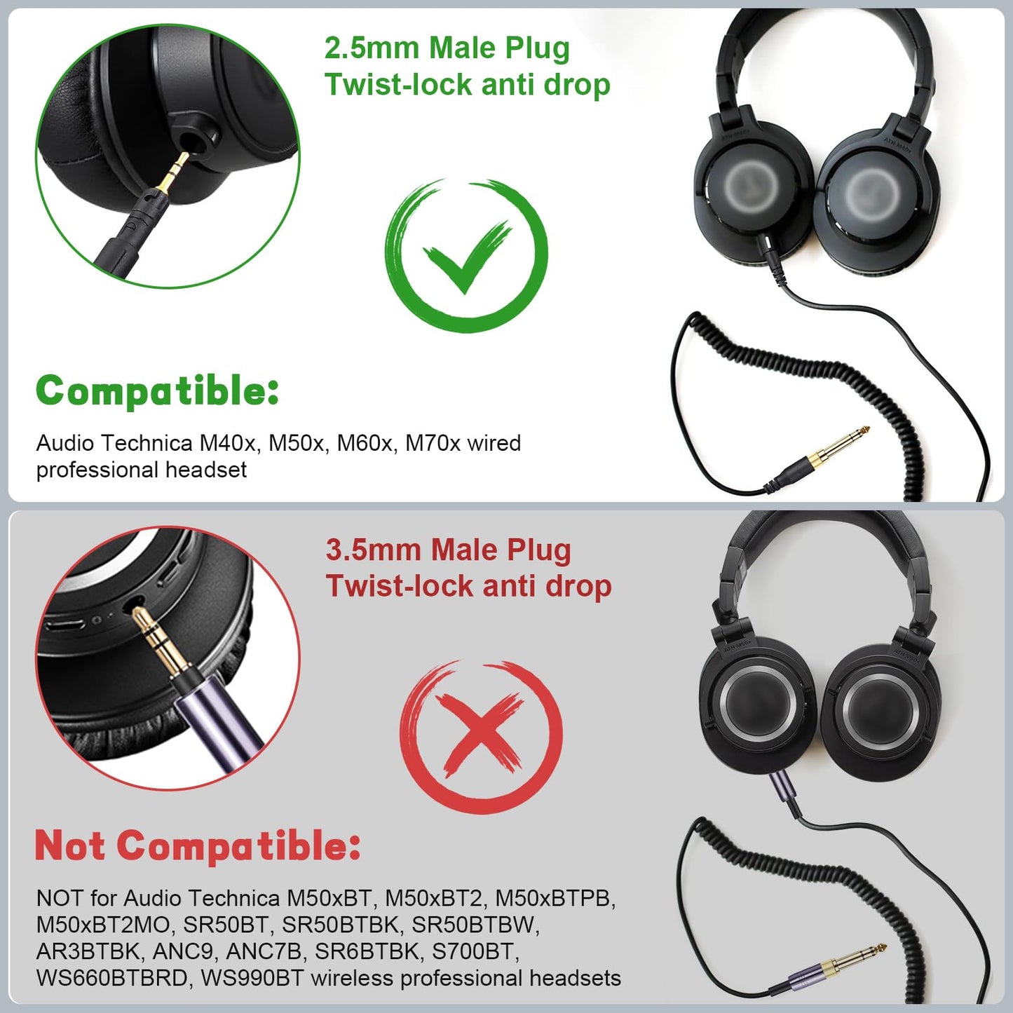 Hizsoaor ATH-M50x Replacement Cable, Audio Cable Compatible with Audio Technica ATH-M50x、ATH-M40x、ATH-M70x、ATH-M60x Coiled AUX Headphone Extension…