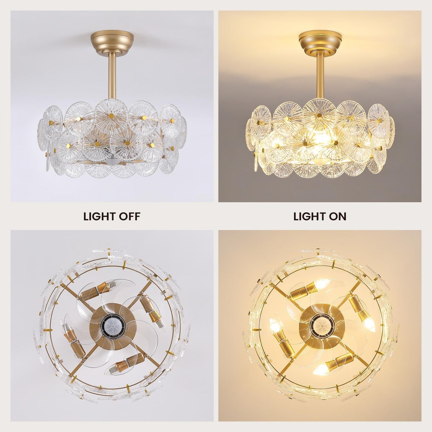 NOXARTE 20" Gold Crystal Fandelier Mid Century Gold Caged Ceiling Fan with Light and Remote Multi-Tier Flower Chandelier Fan with 6 Speeds for Living