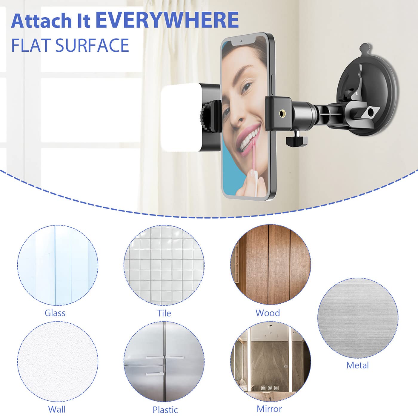 LenTok Mirror Suction Cup Phone Holder with Light for Content Creator Essentials, Travel Wall Phone Camera Mount for Makeup, Mirror Tripod