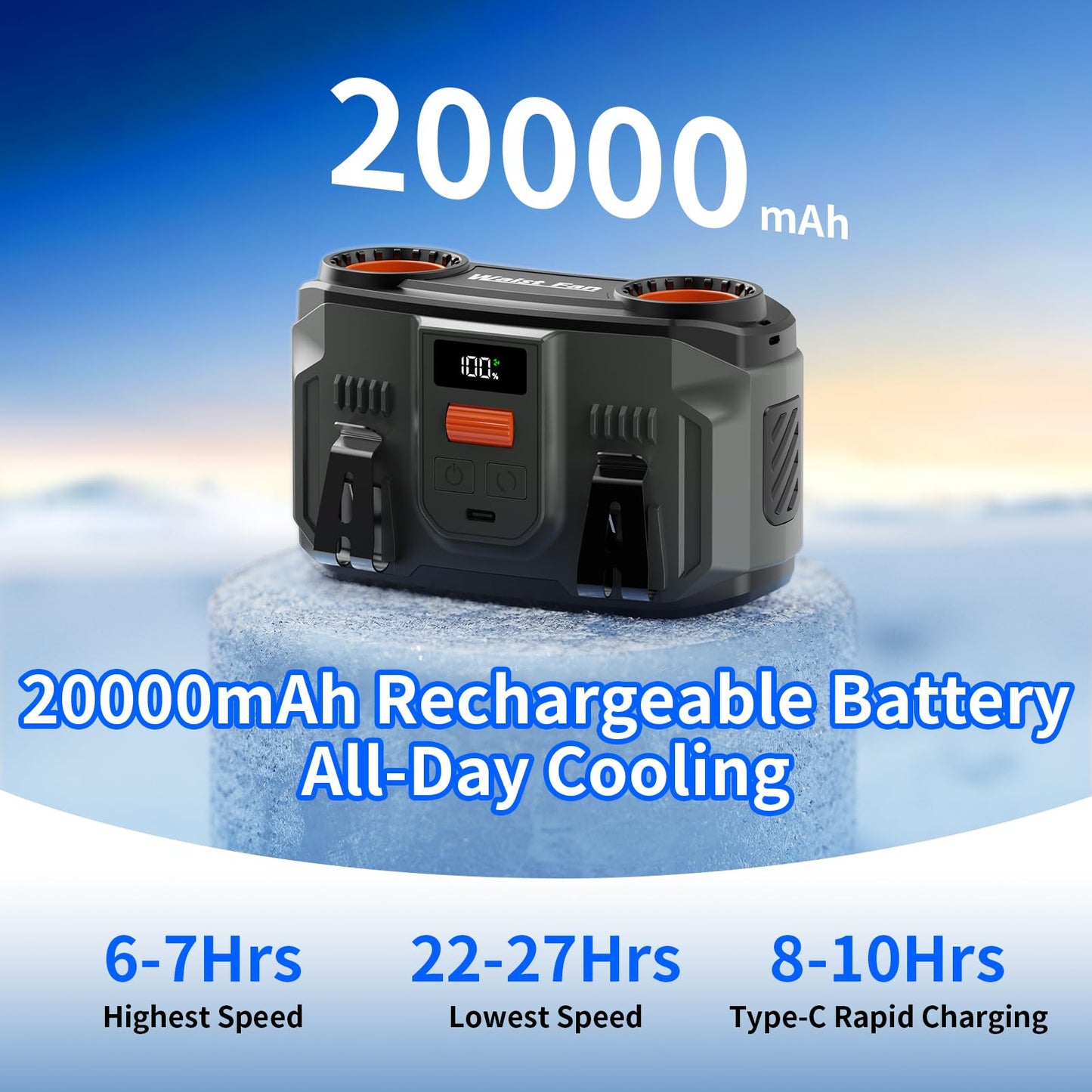 KOLOOBO 20000mAh Portable Waist Fan Rechargeable, Personal Cooling Fan Clip on Wearable Belt Shirt, 100-Speed Battery Operated & 20000RPM Dual Motors