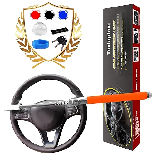 Tevlaphee Steering Wheel Lock, Steering Lock, Car Anti-Theft Device, Adjustable, Universal Fit, Heavy Duty Secure, 3 Keys, Emergency Hammer Window