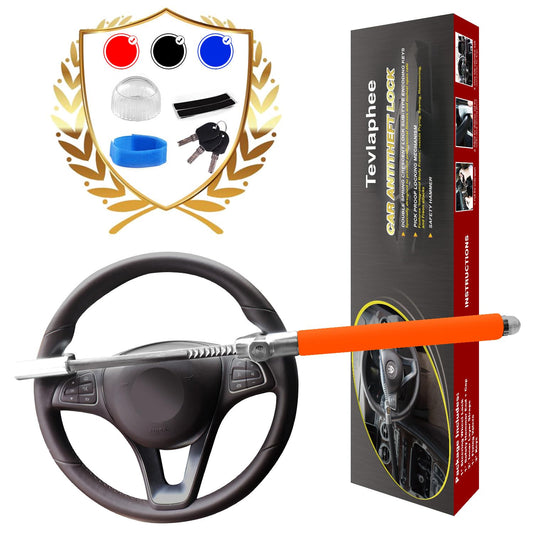 Tevlaphee Steering Wheel Lock, Steering Lock, Car Anti-Theft Device, Adjustable, Universal Fit, Heavy Duty Secure, 3 Keys, Emergency Hammer Window