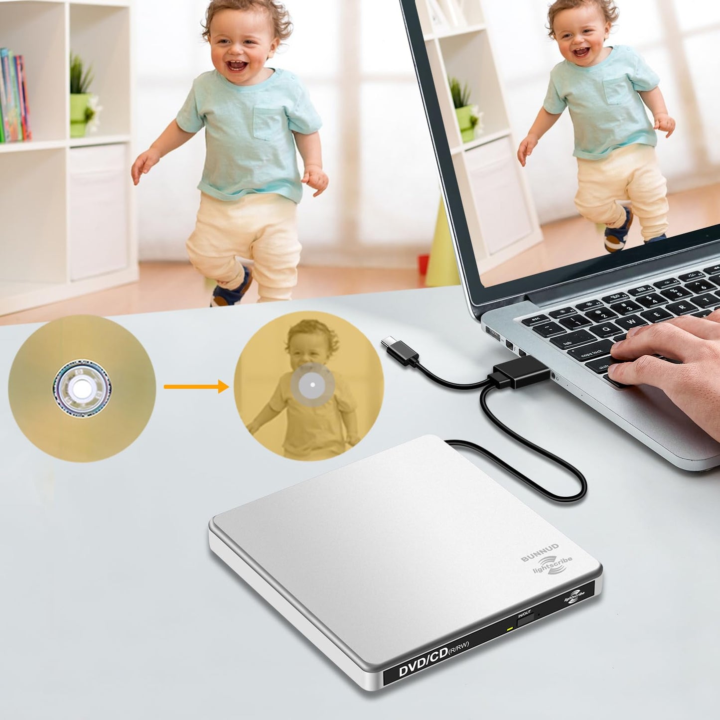 BUNUD LightScribe DVD Burner for Mac: USB C CD/DVD Drive External Portable Compatible with Laptop Windows Linux for Disc Labeling Wedding Photos
