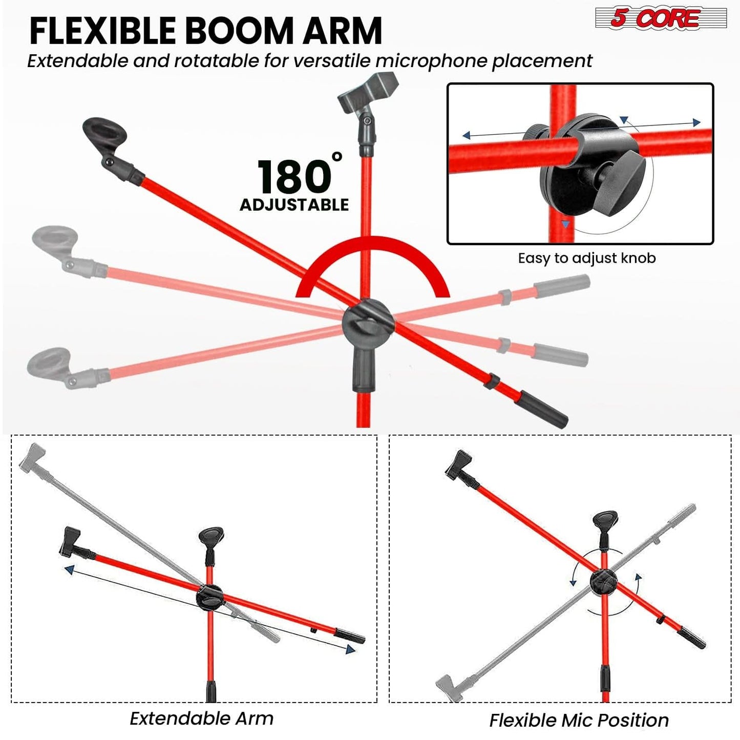 5 Core Tripod Mic Stand Floor Adjustable Sturdy Boom Arm Holder Microphone Stands Pedestal Para Microfono for Singing (Double Mic Stand Red)