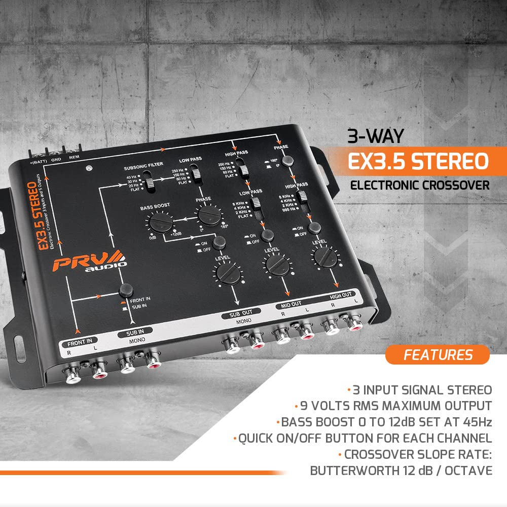 PRV AUDIO Crossover Car Audio EX3.5 Stereo 3 Way or 2 Way Electronic Crossover 9 Volts, 4 in 6 Out RCA Channels Car Sound Processor