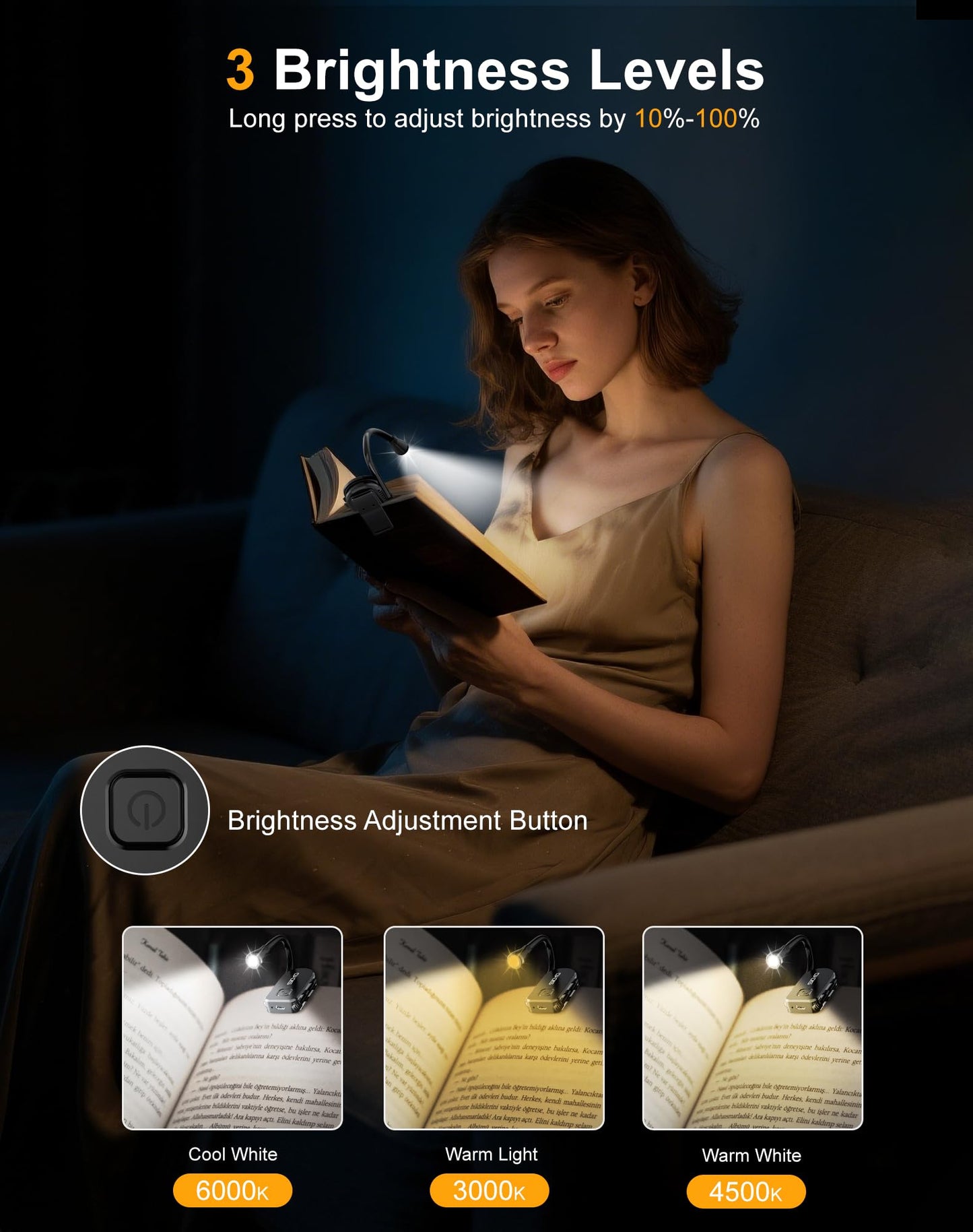 Siuyiu Book Lights for Reading at Night, Rechargeable Clip-On LED Reading Light with 3 Color Temperatures & Stepless Dimming, 80 Hrs Runtime Flexible