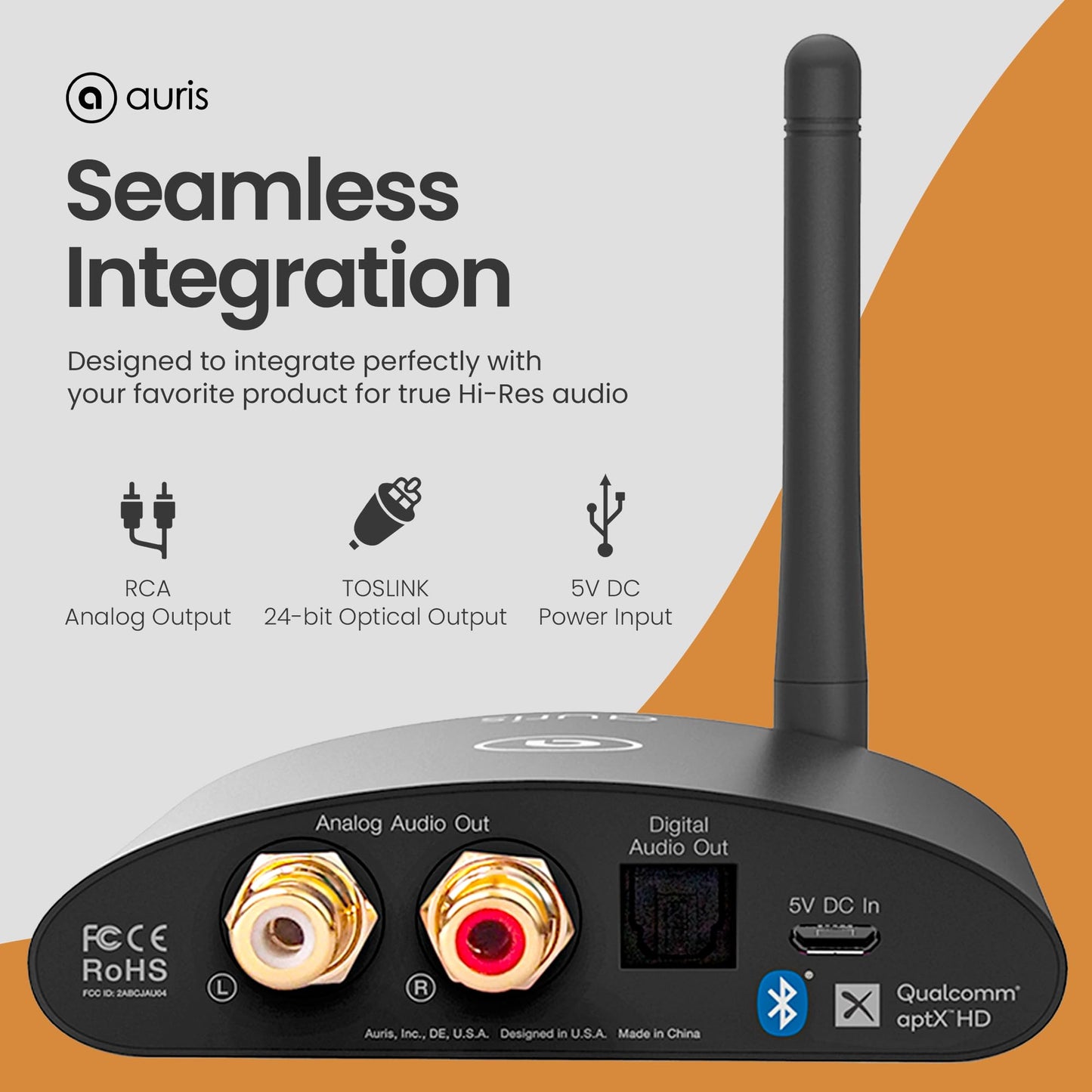 Auris Blume HD Long Range Bluetooth 5.3 Music Receiver Hi-Fi Audio Adapter with Audiophile DAC, LDAC & AptX HD for Home Stereo, AV Receiver or