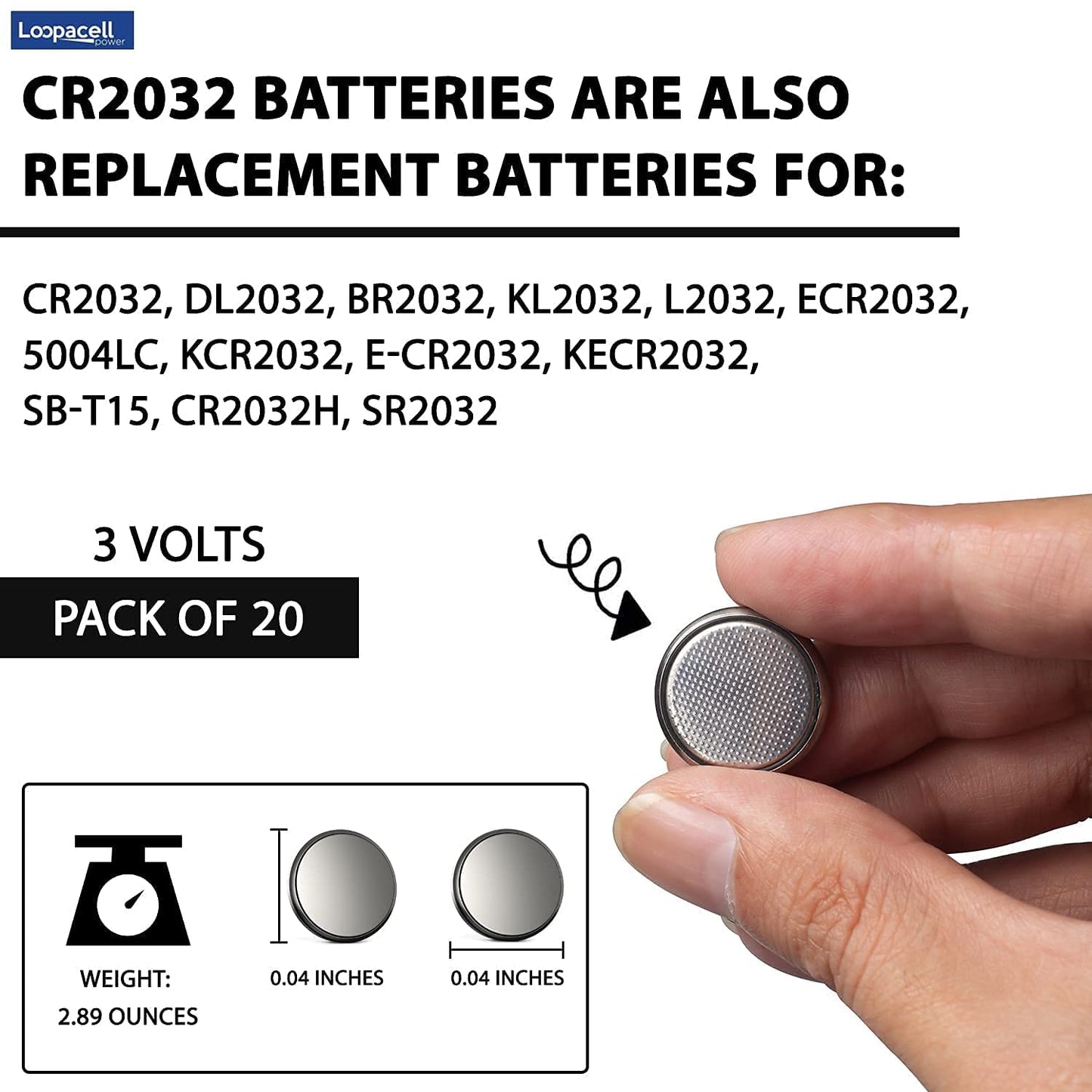 LOOPACELL CR2032 3V Lithium Coin Battery (20 Pack) - High Capacity Button Round Batteries for Watch, Remote - 2032 Flat Circle Cell Button Battery