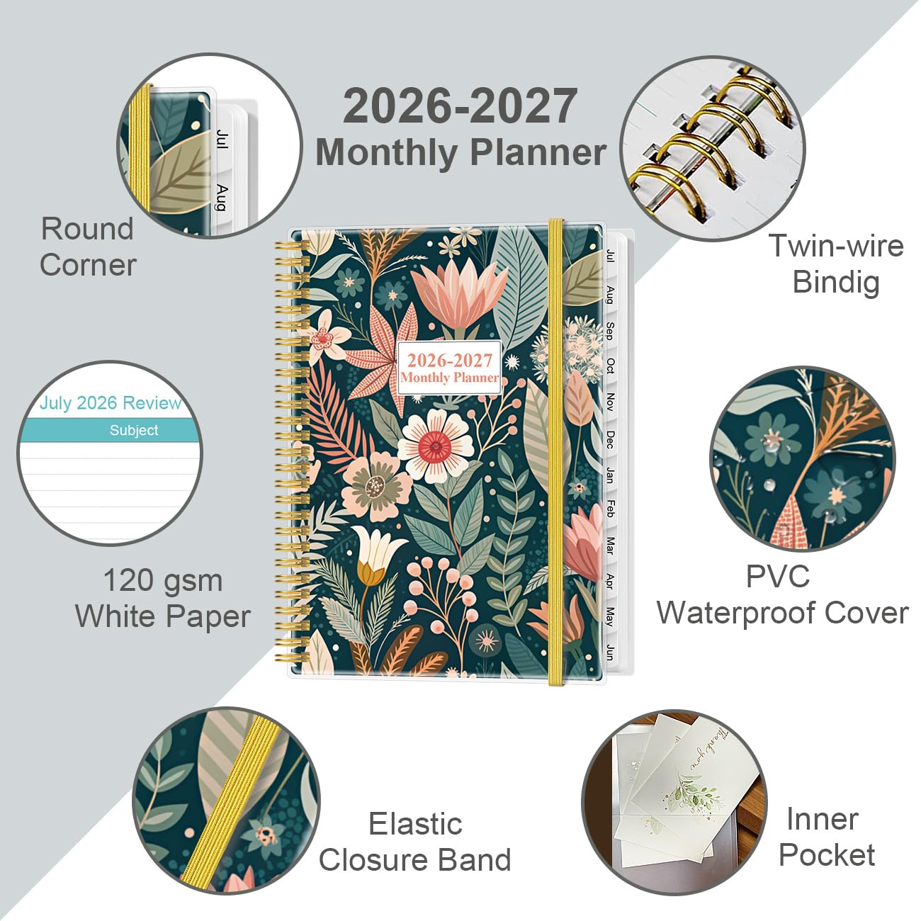 2026-2027 Monthly Planner - 18 Monthly Calendar, July 2026 - December 2027, Two Pages Per Month, 9" x11" Planner with Tabs, Strong Twin-Wire Binding