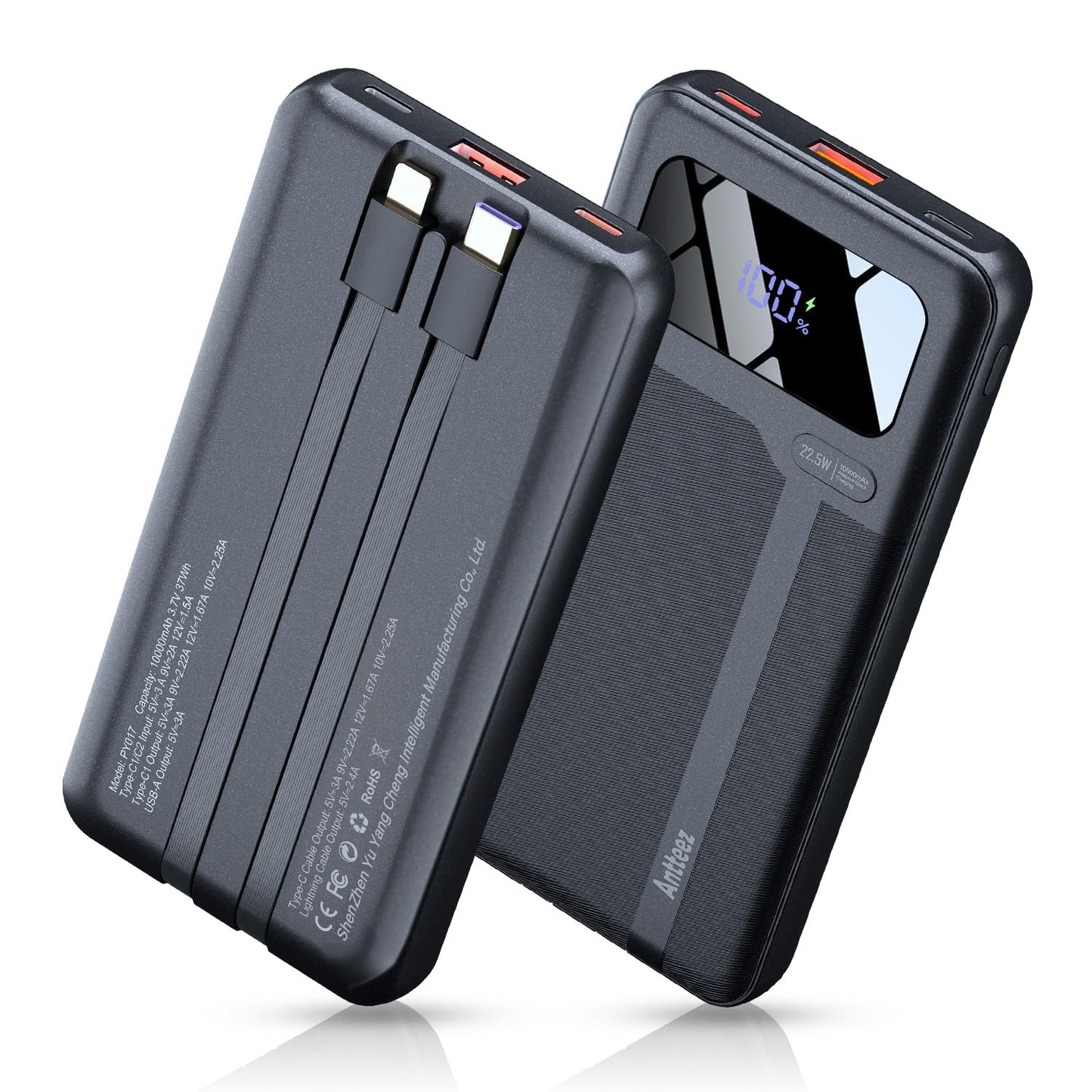 Antteez Portable Charger 10,000mAh, Power Bank Fast Charging with Built-in Cables, 22.5W USB C Travel Battery Pack, LED Display & 4 Outputs