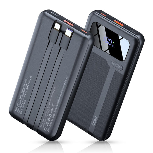 Antteez Portable Charger 10,000mAh, Power Bank Fast Charging with Built-in Cables, 22.5W USB C Travel Battery Pack, LED Display & 4 Outputs