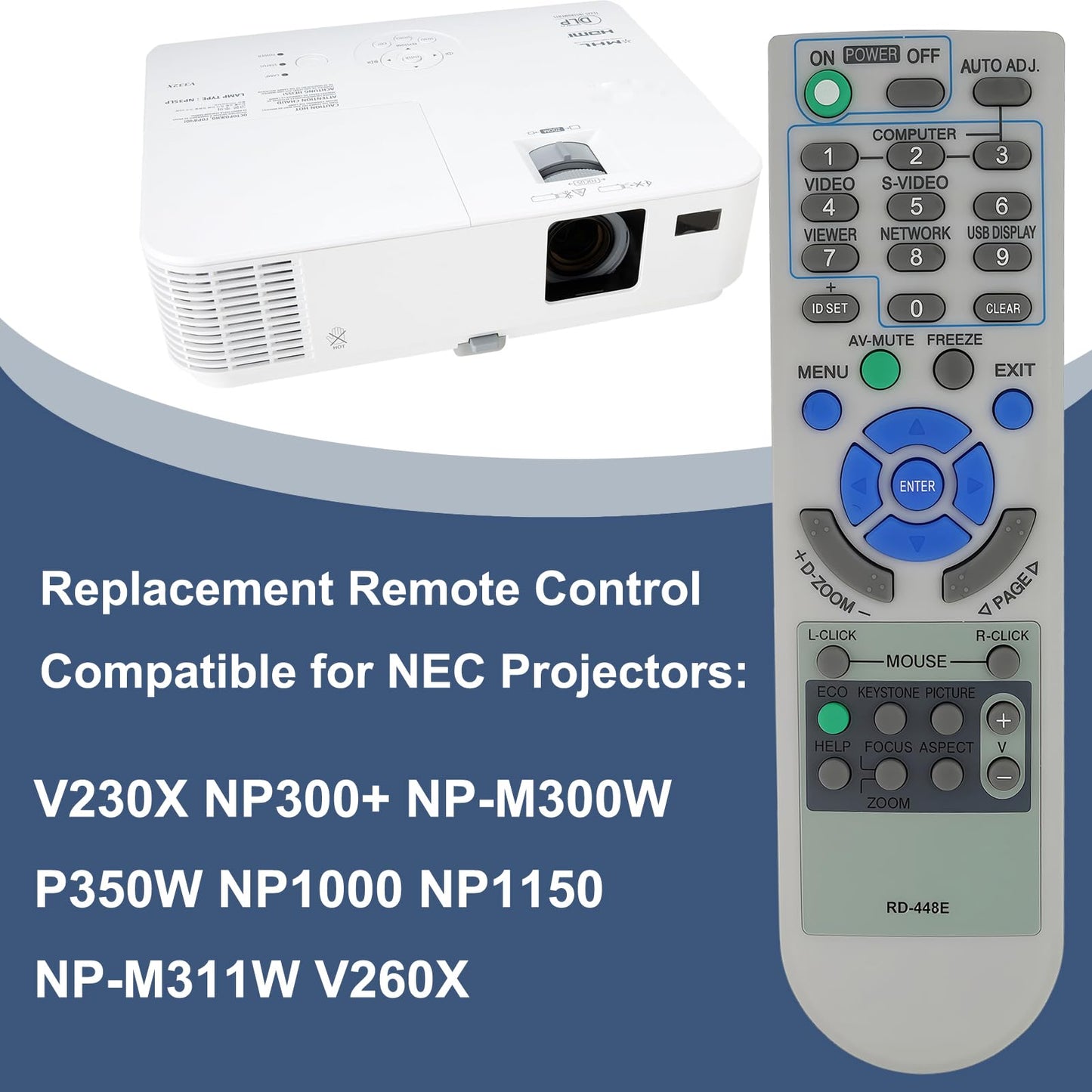 Replacement Projector Remote Control for NEC Projectors V230X NP300+ NP-M300W P350W NP1000 NP1150 NP-M311W V260X