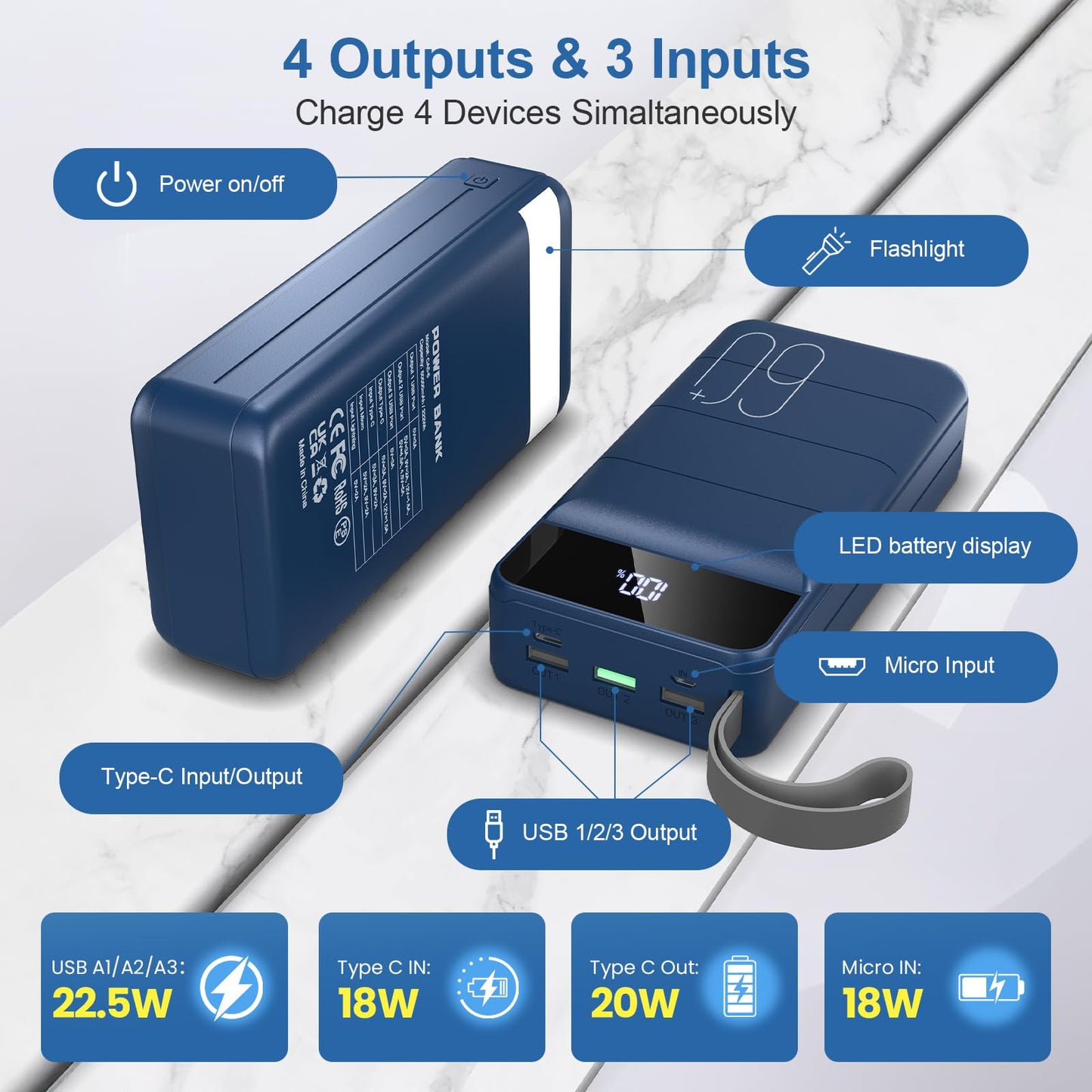 Portable Charger Power Bank 60000mAh Fast Charging 22.5W PD4.0 & QC 4.0 with USB C Battery Pack Charger Portable High Capacity Portable Phone Charger