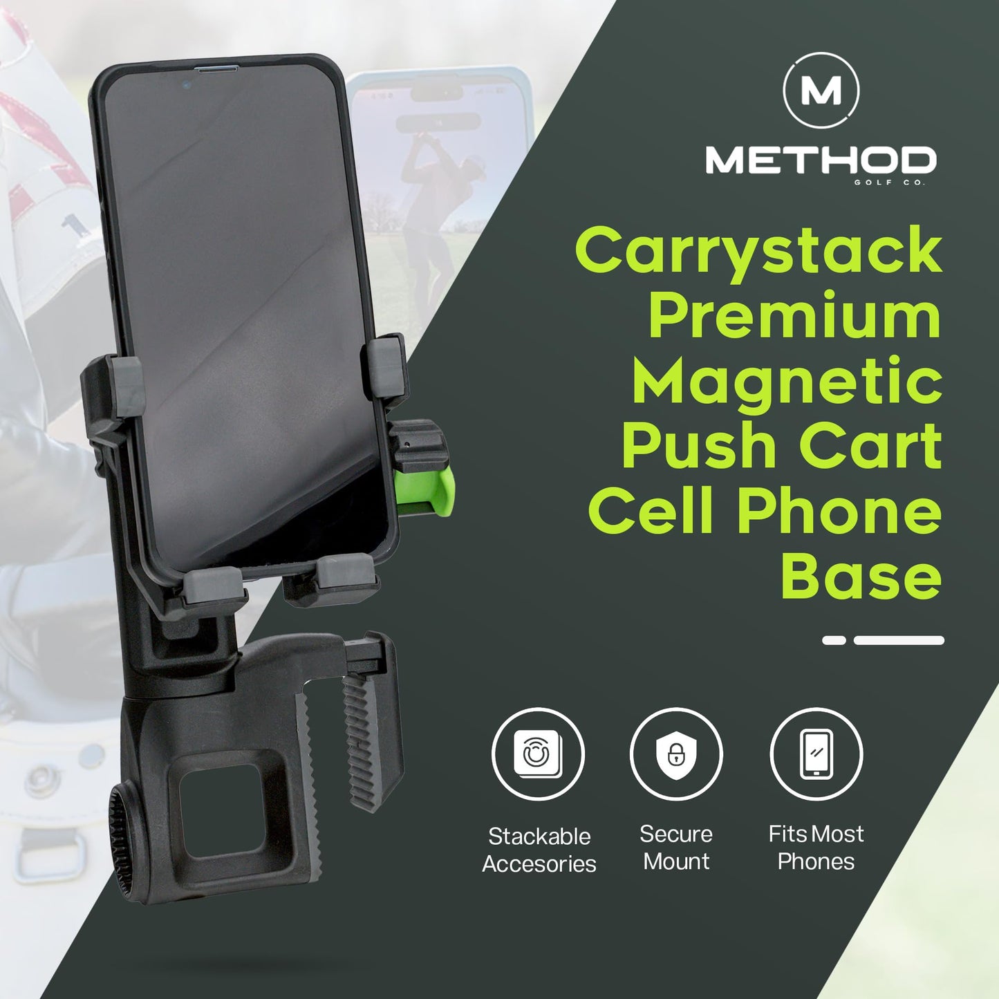 Method Golf CarryStack Golf Bag Phone Holder - Heavy Duty Magnetic Phone Mount for Most Smartphones with Magnetic Range Finder Strap- Full Rotation