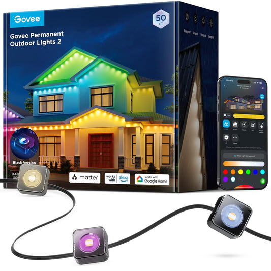 Govee Permanent Outdoor Lights 2, 50ft RGBIC Outdoor Lights with 16 Million Colors, IP67 Waterproof, 100 Scene Modes for Outdoor & Patio Area, Works