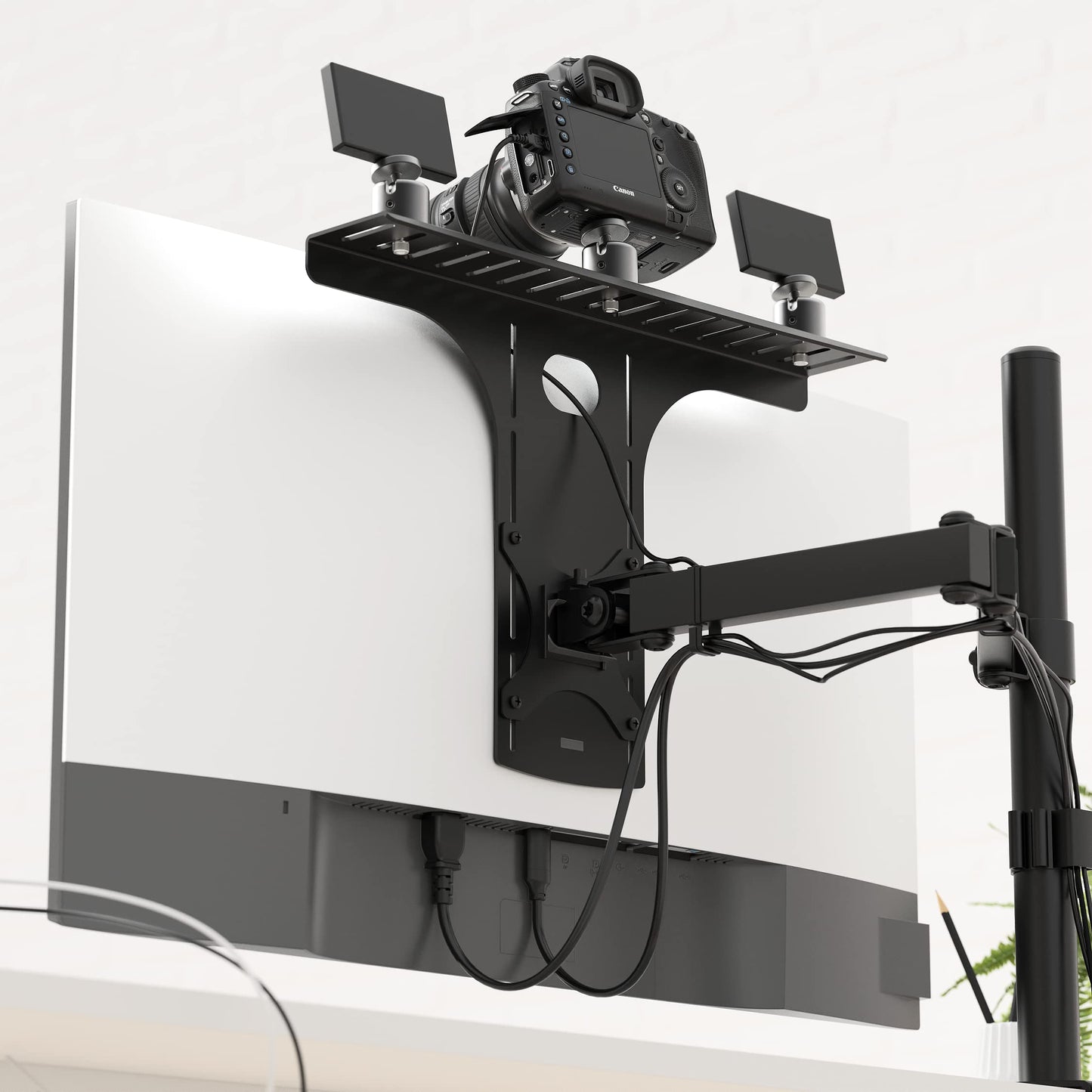 HumanCentric DSLR Monitor Mount Large, Desk Camera Mounting, Light Webcam, Microphone Shelf for Monitor VESA Arm, Replace Clamp Tripods, 100x100mm