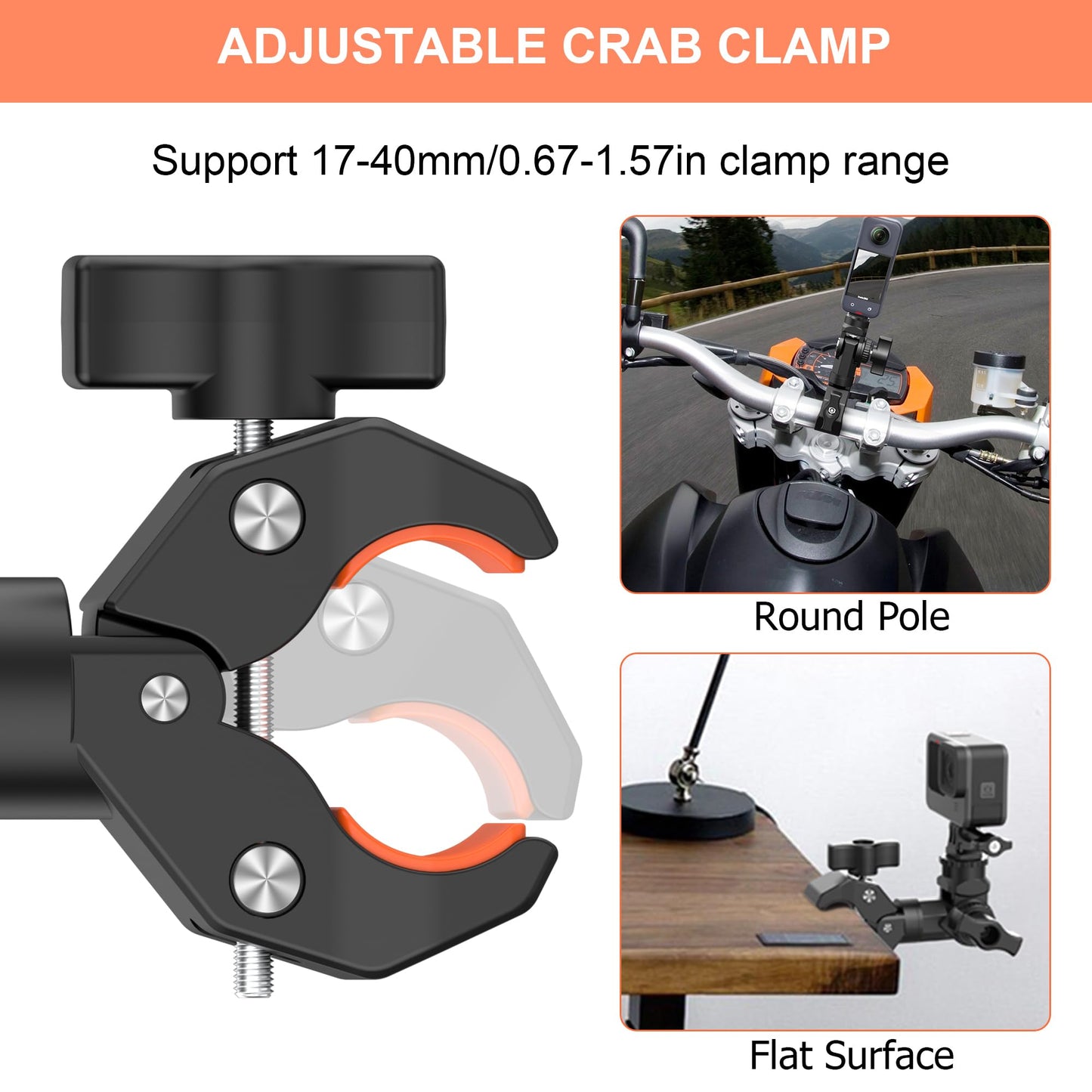 Bike Motorcycle Handlebar Camera Clamp Mount for Gopro Insta360 X5 X4 X3 X2 ONE RS R Mevo Start DJI Action Cameras, Super Clamp Bracket with 1/4"