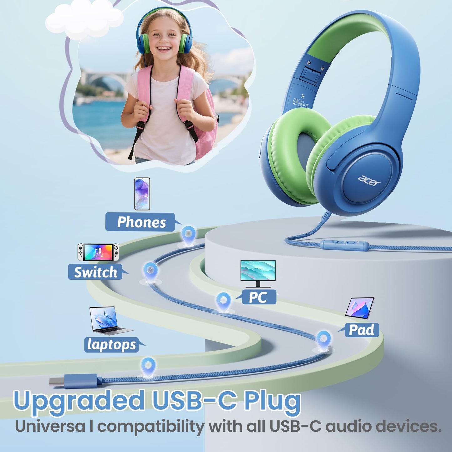 Acer USB?C Kids Headphones for School, 85?94dB Limiter, w/Mic HK03C