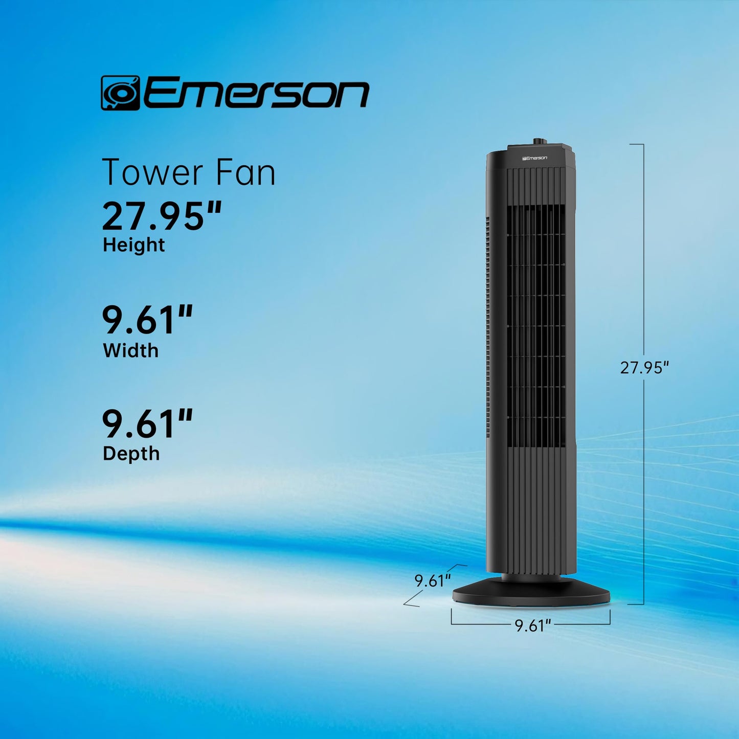 Emerson FAT2835 Tower 60 Degree Oscillating Fan, 3 Speed Settings with Manual Knob, and Convenient Carry Handle, Black