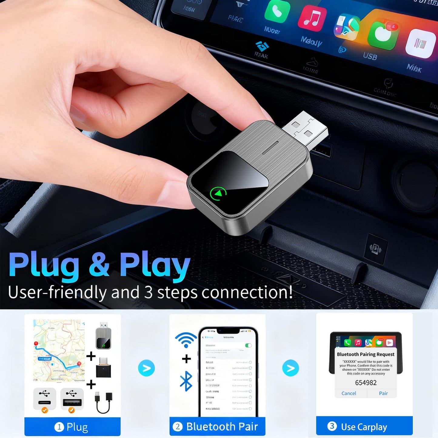 Wireless CarPlay Adapter for iPhone - Wired to Wireless CarPlay,Plug & Play,Fast & Stable Connection,Mini USB & Reset Button,Compatible with Cars
