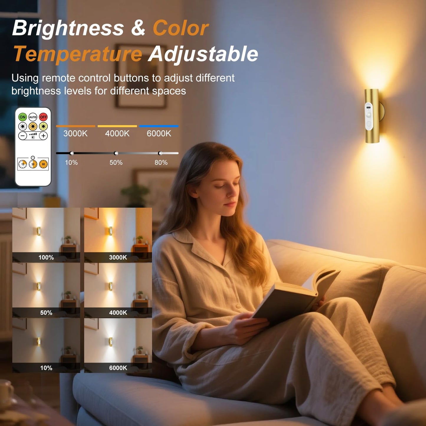Battery Operated Wall Sconce Set of 2, Magnetic Stick on Wall Lights Motion Sensor Night Lights Indoor with Remote Control, Rechargeable Wireless Up