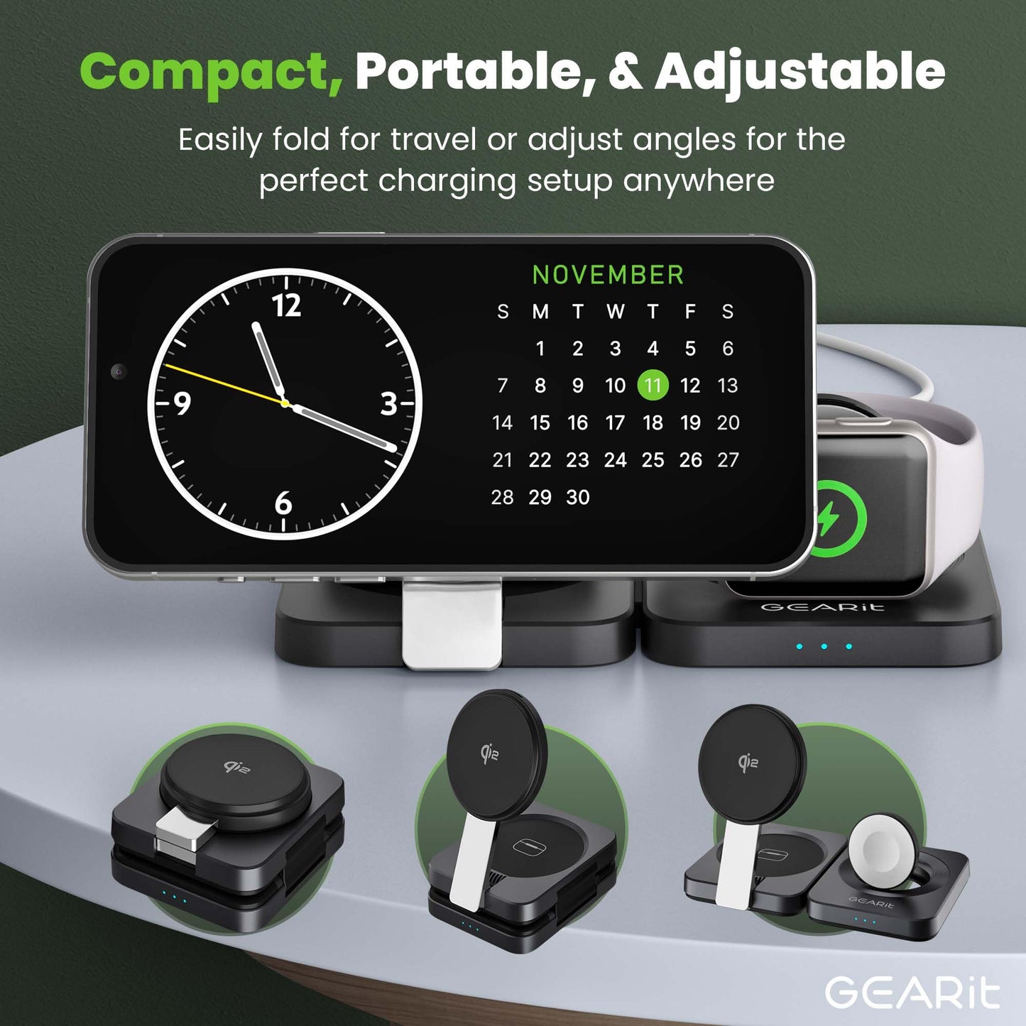 GEARit 3-in-1 Wireless Charging Station - Qi2 MagSafe Charger Stand for Phone, Watch and Earbuds - Works with iPhone 15, 16, 16 Pro, Pro Max, Apple