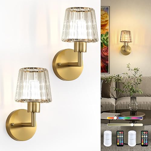 Daoteper Crystal Battery Operated Wall Sconces Set of 2, Gold Rechargeable Wireless Wall Lights with Remote, 13 Colors and RGB Dimmable, Auto Timer