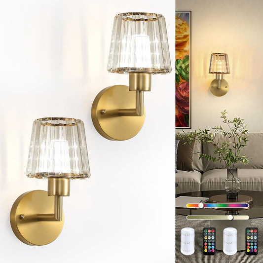 Daoteper Crystal Battery Operated Wall Sconces Set of 2, Gold Rechargeable Wireless Wall Lights with Remote, 13 Colors and RGB Dimmable, Auto Timer