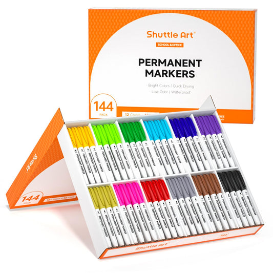 Shuttle Art 144 Pack Permanent Markers, Permanent Marker Assorted Colors, 12 Bright Colors Fine Point Permanent Markers For Students and Adult