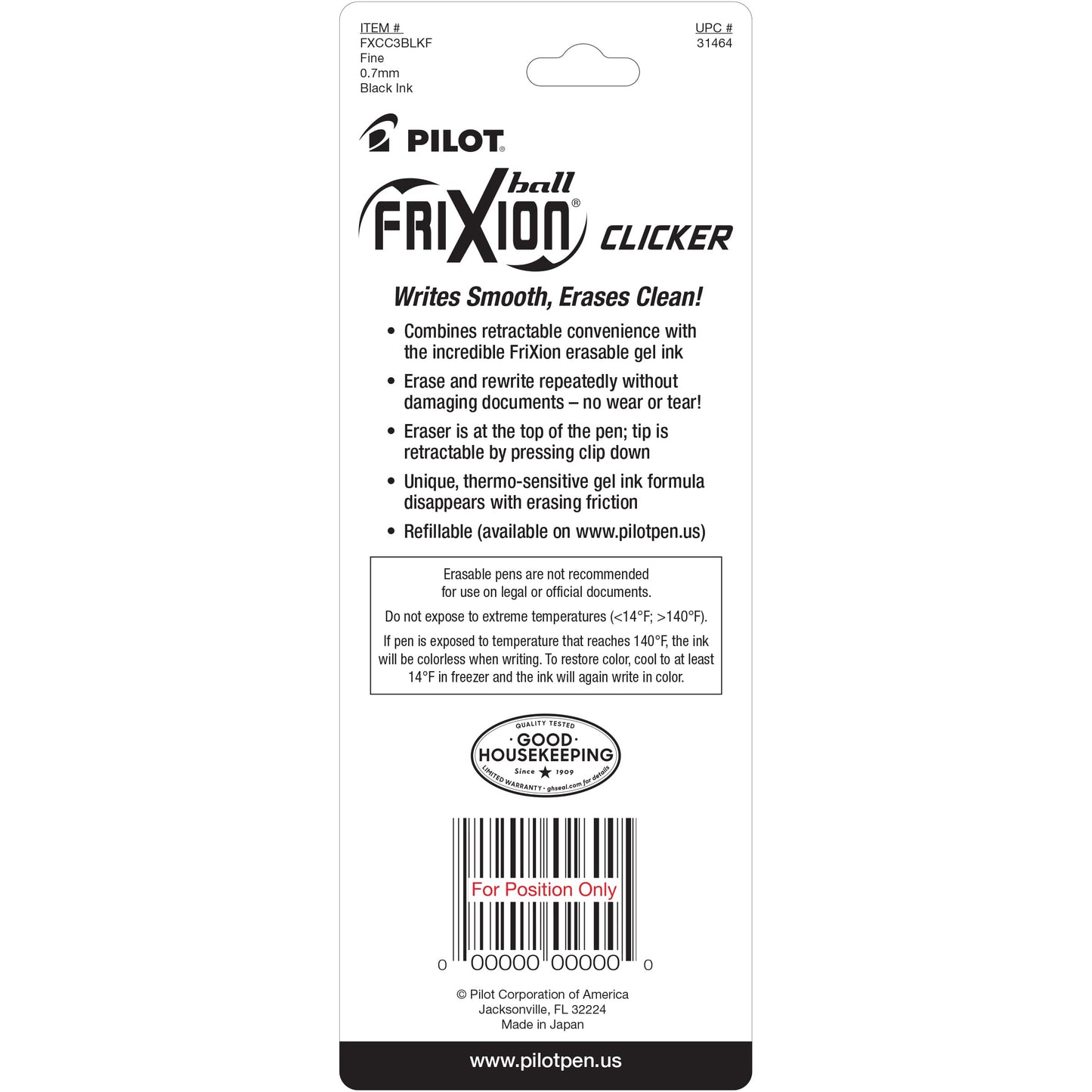 PILOT FriXion Clicker Erasable Pens, Refillable & Retractable Gel Ink Pens, Fine Point 0.7 mm, Black Ink, 3-Pack - Ideal for School, Journaling