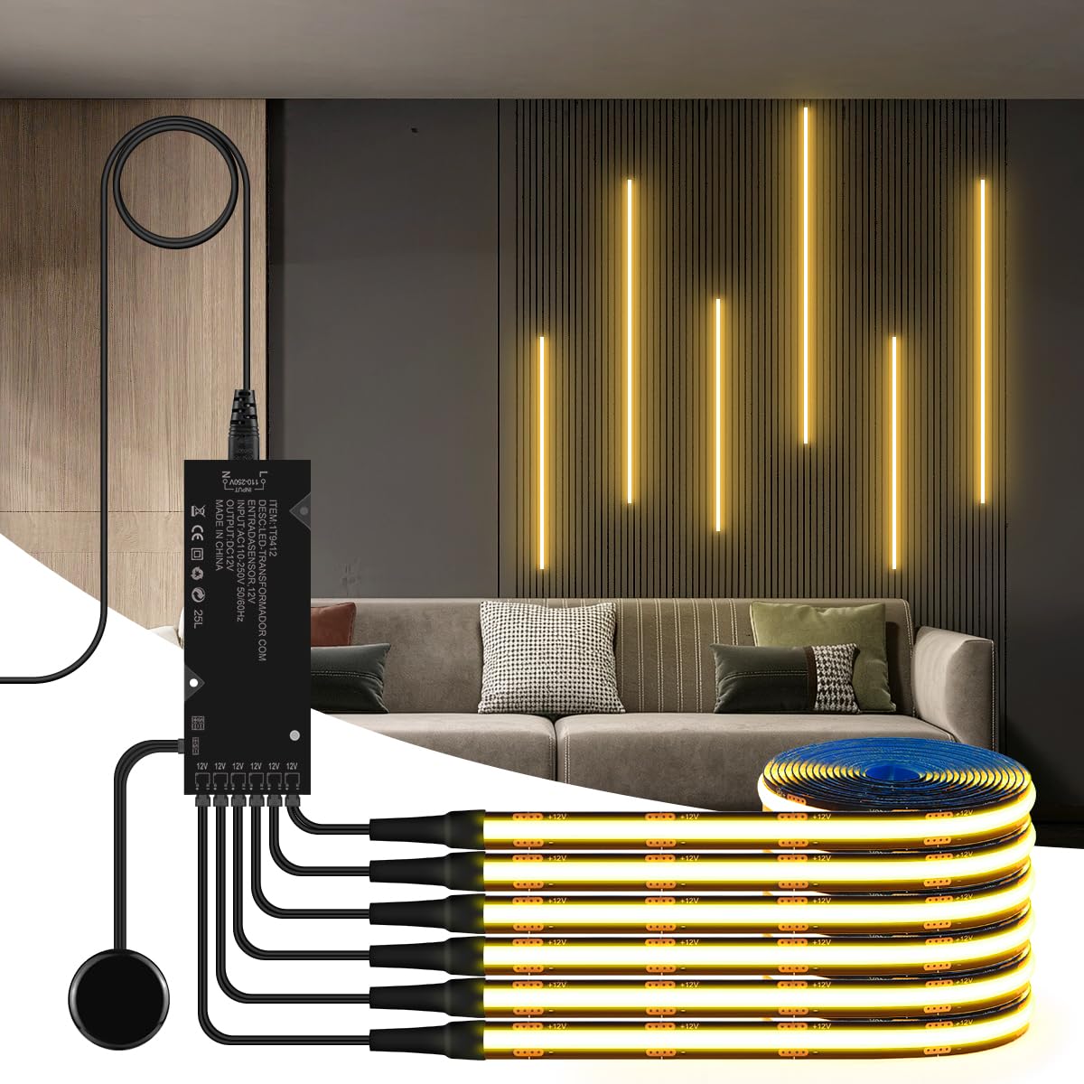 tlinkosta 6-in-1 Dimmable LED Light for Acoustic Panels, Wall Lighting Kit with Touch Switch for Wood Slat Panels, TV Background Wall Decor(6, Warm