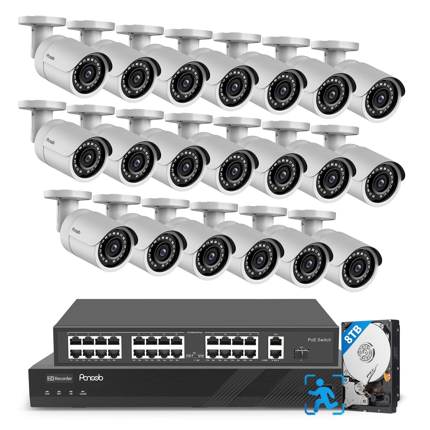 PANOOB 32 Channel Security Camera System 4K, 20pcs 8MP Wired Outdoor Home Surveillance IP PoE Cameras with Human Vehicle Detection, Remote Playback