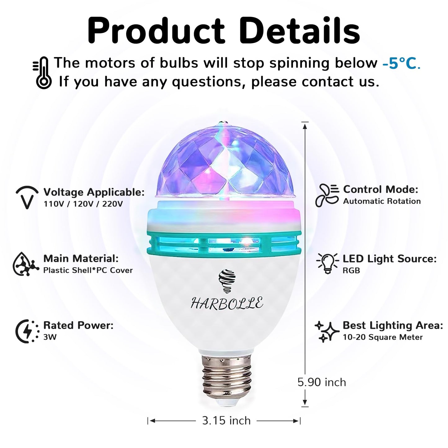 HARBOLLE 2-Pack Disco Light Bulbs Rotating for Parties