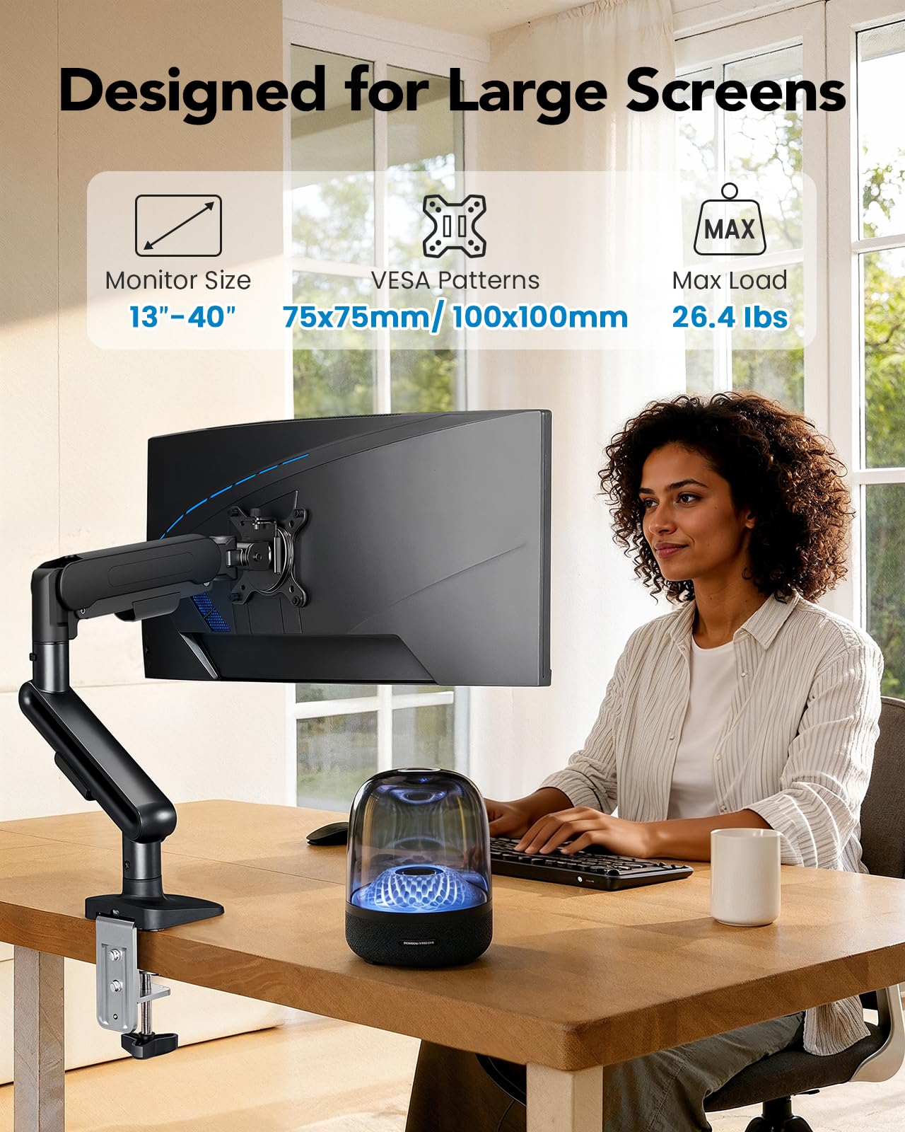 HUANUO Ultrawide Monitor Arm for 13 - 40" Screens, Single Monitor Mount Holds up to 26.4lbs, Adjustable Monitor Stand with C-Clamp & Grommet Base